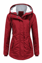 Red casual hooded velvet coat with adjustable rope hood, water-resistant surface, and hidden rib cuffs for warmth.