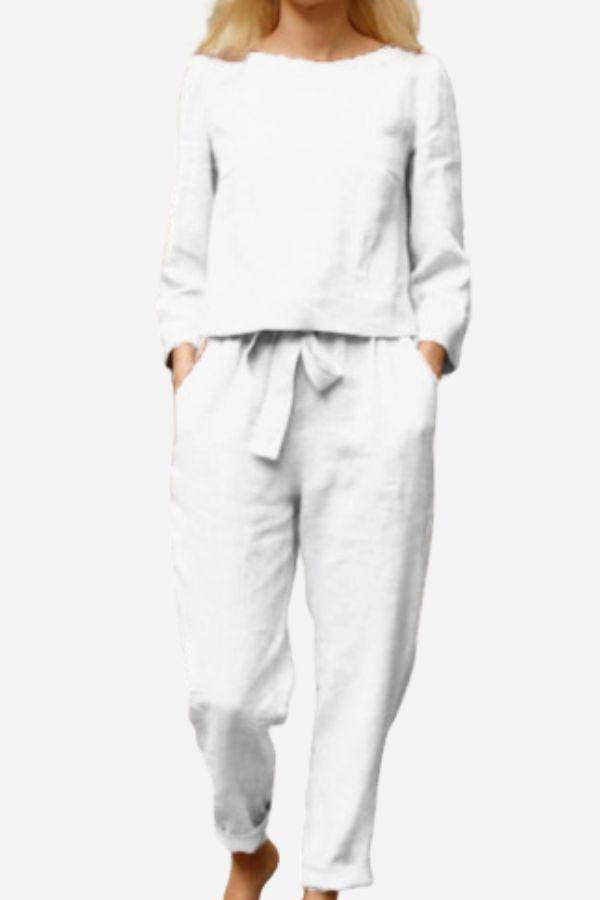 White Retro Monochrome Linen breathable two-piece set with top and pants