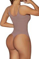TummyToning Bodysuit seamless back view in mauve with adjustable straps enhancing curves and tummy control.