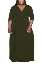 Plus size belted dress with deep V-neck and 3/4 sleeves in olive green