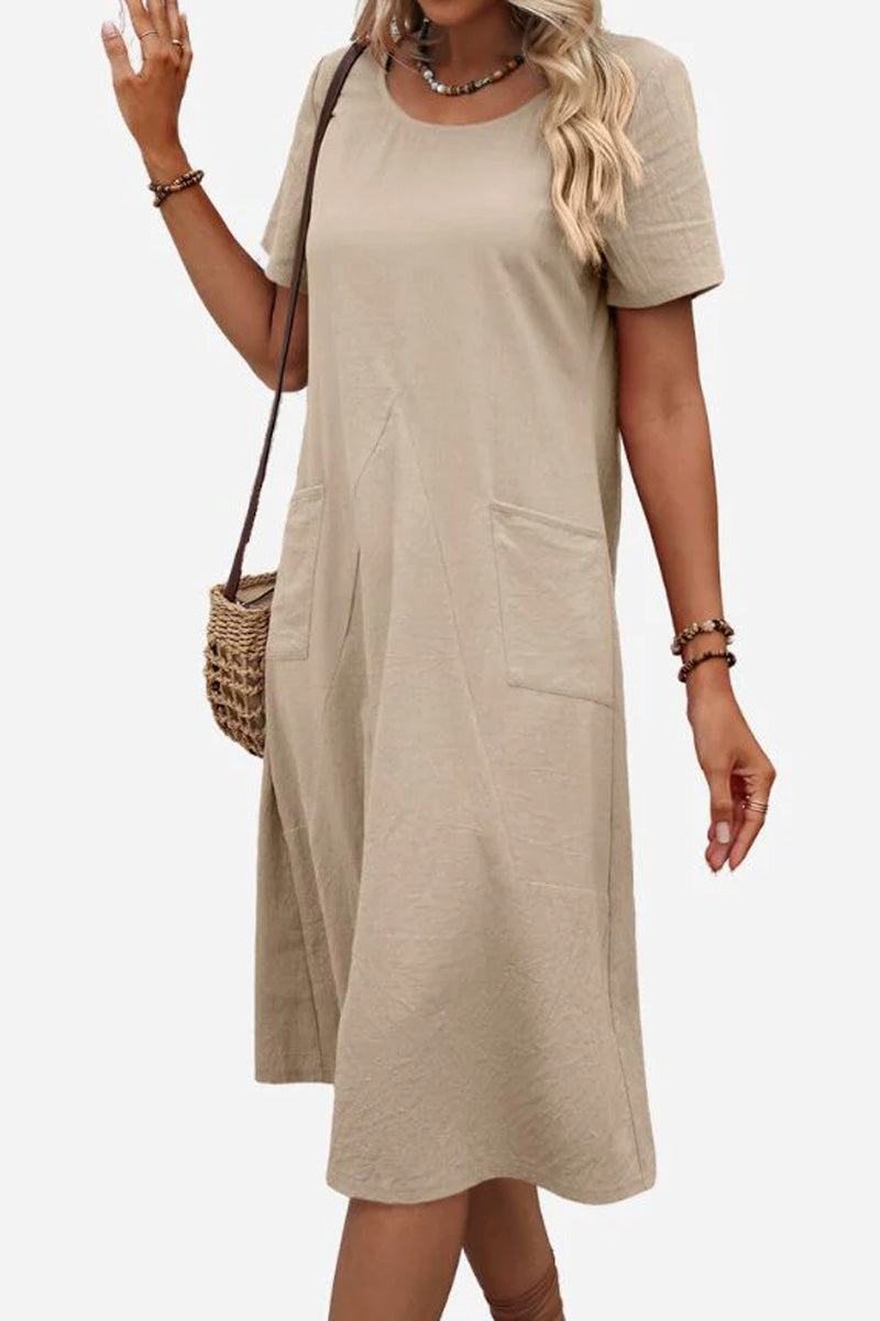 Radiant Escape Panelled Beach Dress beige midi polyester A-line silhouette with round neckline and short sleeves.