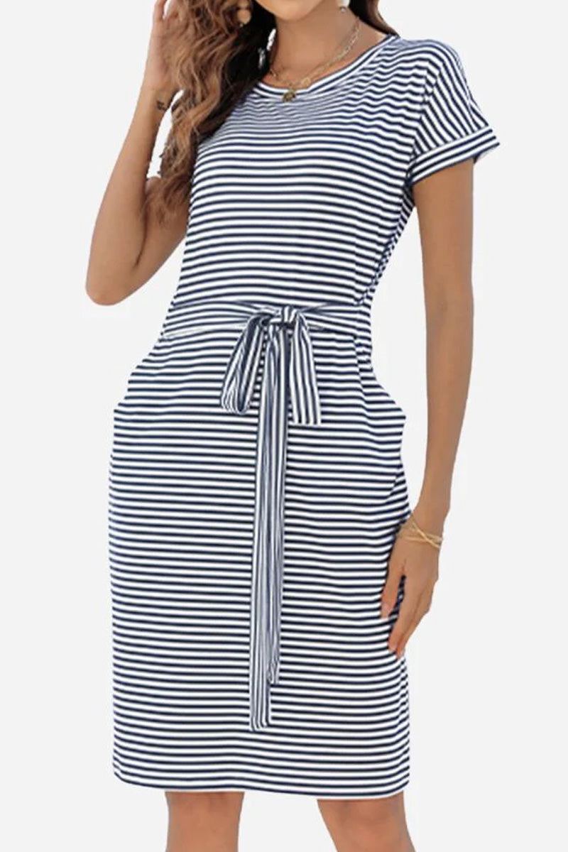 Airy Stripe Sheath Cotton Dress with navy and white stripes, short sleeves, tie waist belt, and side pockets, knee-length casual cotton dress.
