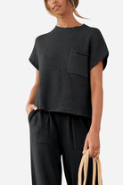 Comfy Couture Knit Sweater two-piece set with knit pullover and high-waisted pants in black, cozy and stylish outfit for casual and workwear.