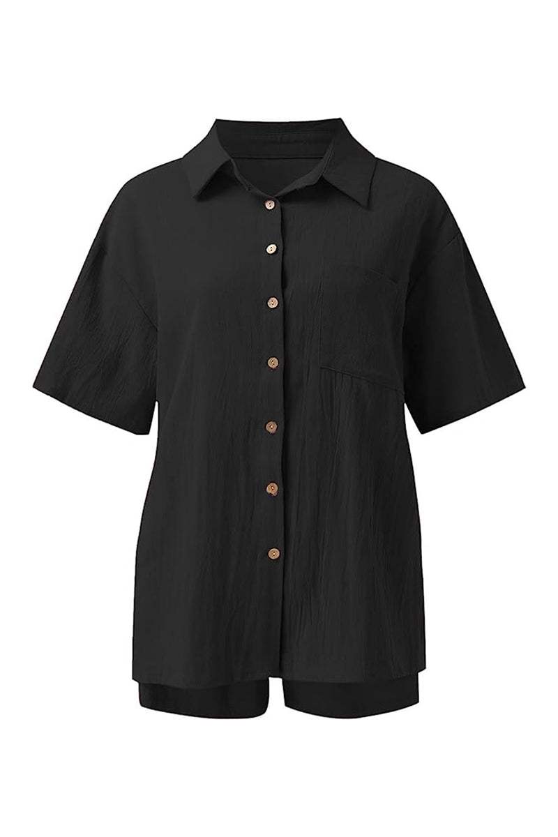Sunny Day Vibrance black two-piece cotton shirt and shorts summer set