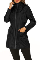 Black outdoor and travel hooded raincoat windbreaker jacket for women with zipper and pockets