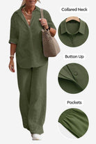 Woman wearing olive green relaxed shirt and trousers two-piece set with collared neck, button-up front, and elastic pockets.