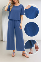 Blue loose fit co-ord set with short sleeve top and wide-leg pants, soft tailored casual outfit for relaxed wear