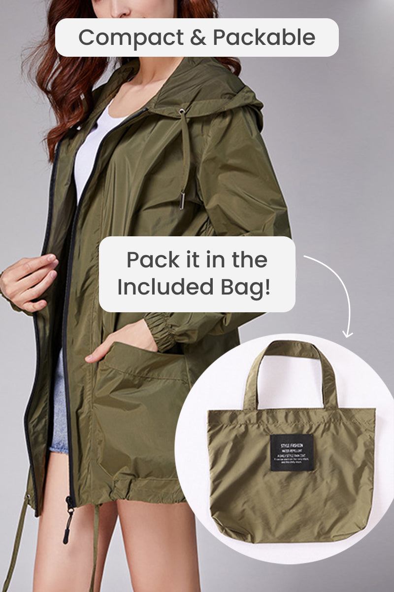 Travel ready outdoor raincoat windbreaker in olive green with compact packable bag for easy storage