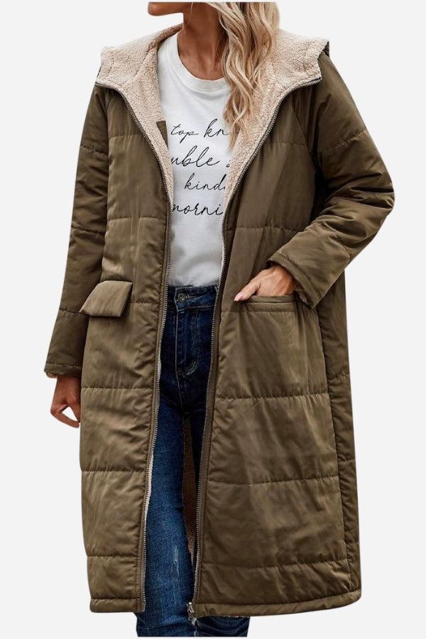 Long olive Sherpa-lined hooded teddy coat with large pockets and quilted puffer design
