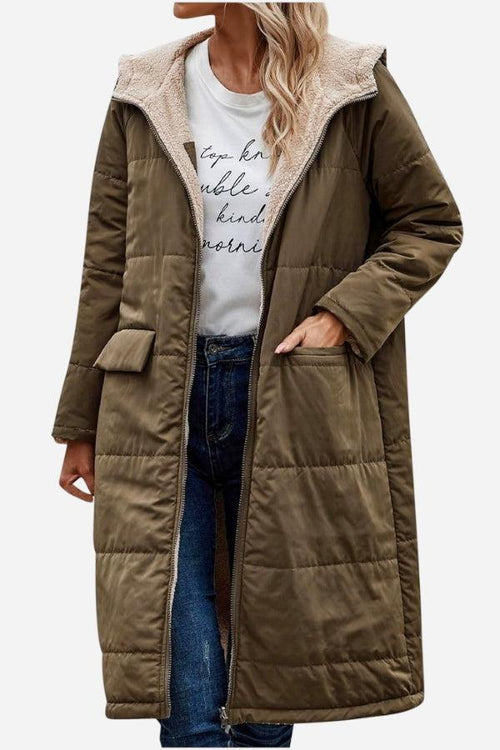 Long olive Sherpa-lined hooded teddy coat with large pockets and quilted puffer design