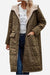 Long olive Sherpa-lined hooded teddy coat with large pockets and quilted puffer design