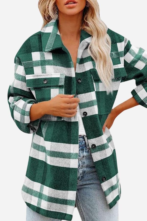 Comfy Flannel Classic green and white plaid button-down shirt on model with casual jeans