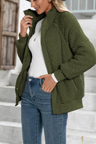 Cozy long sleeve button sherpa jacket in olive green with warm fleece interior and soft exterior