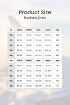 Curvy Comfort Plus Size one-piece swimwear size chart with bust, waist, and hips measurements in inches and cm