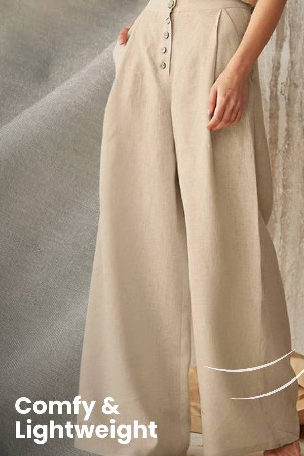 Beige button front high waist palazzo pants, lightweight and comfortable wide-leg trousers for women