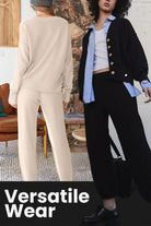 Women modeling versatile two-piece knitwear co-ord sets in beige and black with relaxed fit and soft fabric