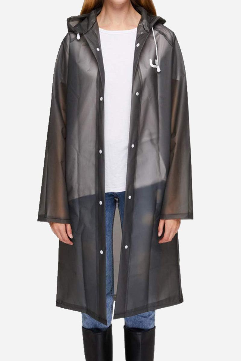Chic Drizzle Defender transparent black raincoat with hood, button closure, and long sleeves