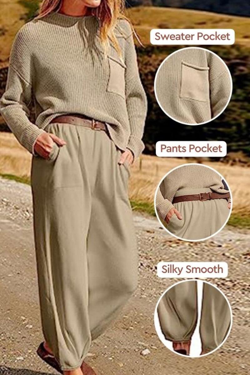 European Minimalism relaxed sweater top and trouser set in khaki with pockets and silky smooth fabric