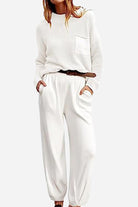 Women's European Minimalism white relaxed sweater top and trouser set with knit texture and pocket detail
