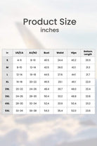 Size chart for Two-piece Set with loose shirt and high-waisted shorts in inches and US/CA, AU/NZ sizes.