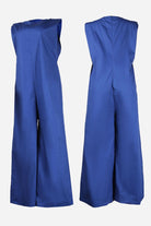 Blue sleeveless wide-leg jumpsuit with body-balance cut, premium fabric, and smart-casual design.