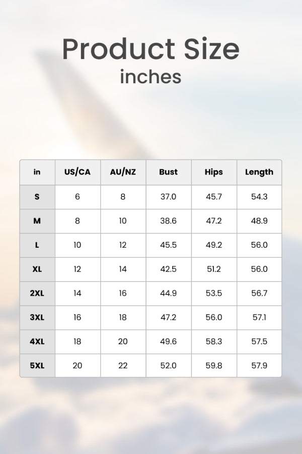 Bohemian Fantasy Overalls size chart with bust, hips, and length measurements in inches for US/CA and AU/NZ sizes S to 5XL