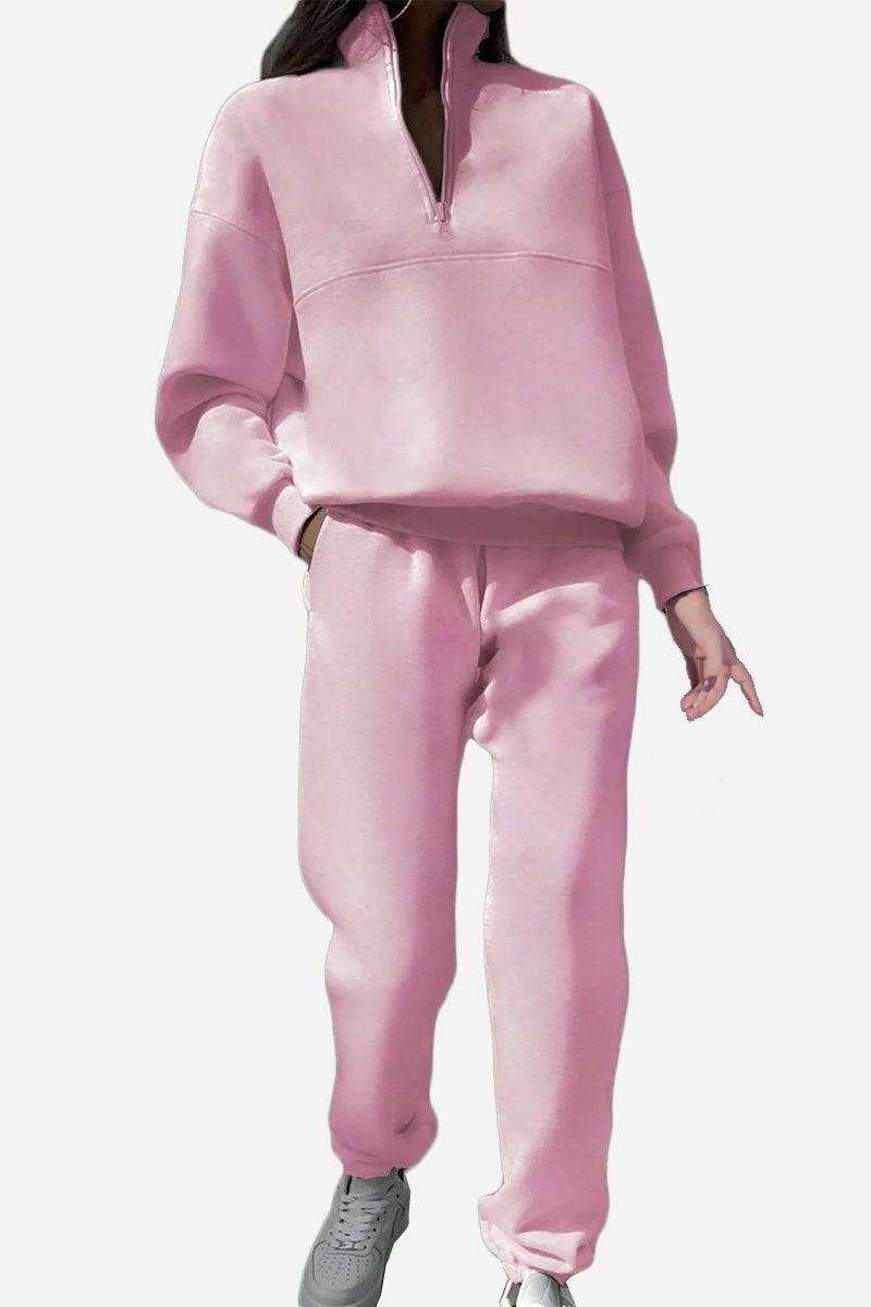 Pink cotton-blended two-piece tracksuit with high collar and zipper, comfortable athleisure wear for casual style