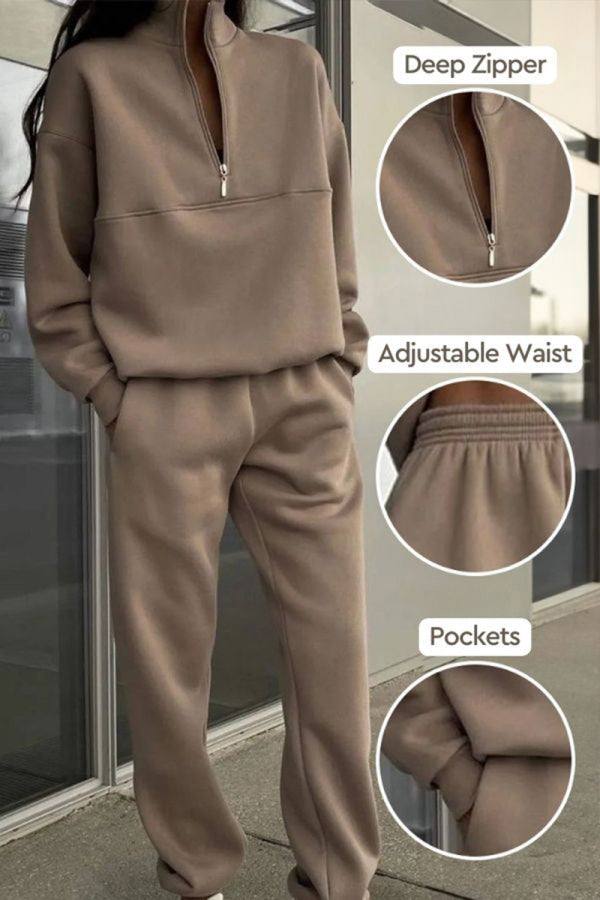 brown cotton-blended two-piece tracksuit with deep zipper, adjustable waist, and pockets for casual athleisure wear