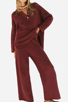 Women's multi-weather comfort oversized two-piece set in dark red with textured fabric and relaxed fit