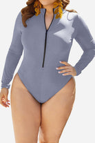 Zip front long sleeve one-piece swimsuit in dawn blue with high-leg cut and front zipper detail
