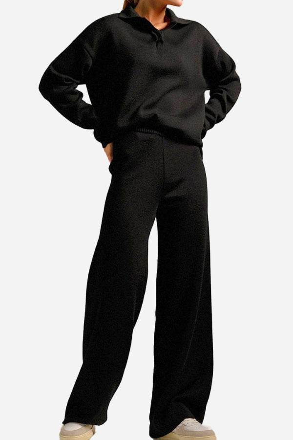 Black Plush & Preppy two-piece set with polo collar pullover and wide-leg pants for travel and leisure