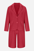 Red blazer and high-waisted shorts two-piece set for polished casual look