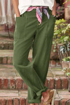 Green casual button-down utility-chic trousers with pockets and rolled cuffs