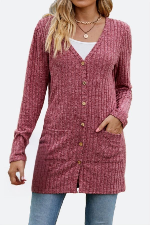 Lightweight ultra soft long knit cardigan with buttons and pockets in dusty rose color