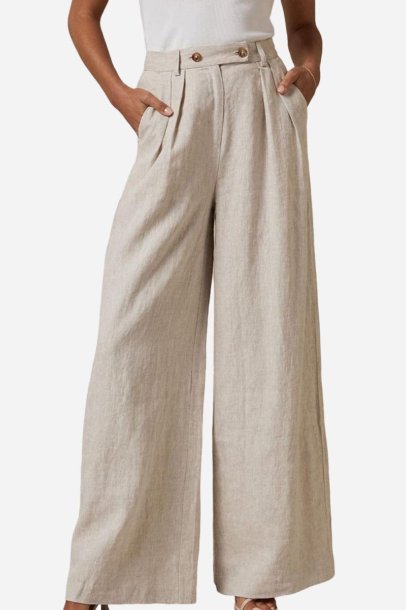 Wide leg high waist beige trousers with elastic waistband and pockets
