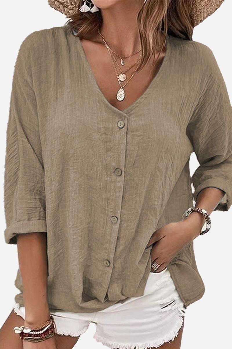 Women's beige button front tunic with V-neck and rolled sleeves in crinkled fabric