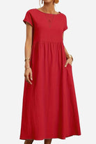 Red capped-sleeve voluminous pleated midi dress with pockets and flowing silhouette