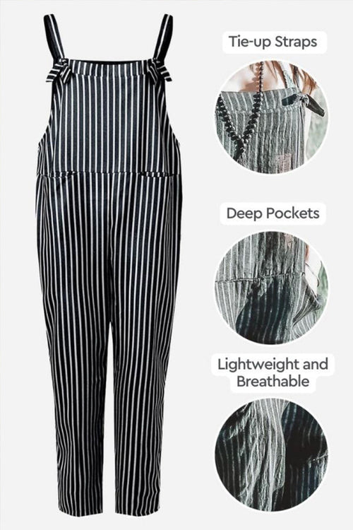 Chic Utility Striped Overalls With Tie-up Straps & Pockets