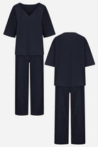 Navy V-neck cotton two-piece trouser set with mid-length sleeves and straight-leg pants