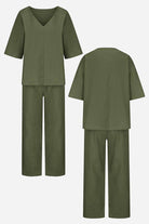 Olive green V-neck cotton two-piece trouser set with mid-length sleeves and straight-leg pants.