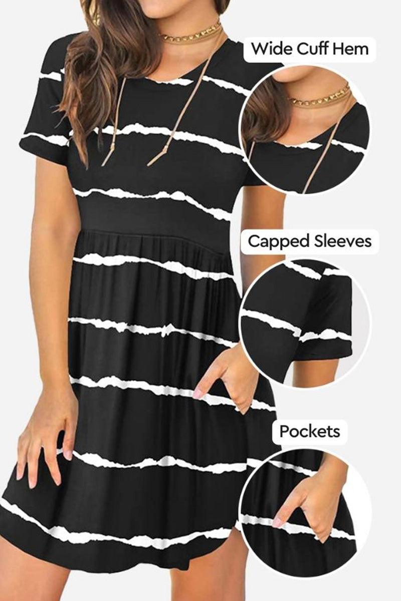 Short-sleeved pleated dress with capped sleeves, wide cuff hem, and pockets in black with white horizontal stripes.