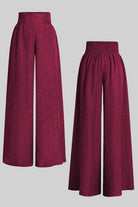 High waist wide leg pants in burgundy with elastic waistband and loose fit
