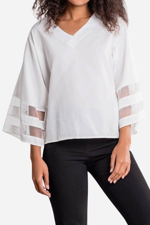 White mesh panel sleeve loose fit top with V neckline and flared 3/4 bell sleeves