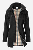 Black elegant plaid raincoat windbreaker with checkered lining and feminine draw-string waist, water resistant and lightweight.