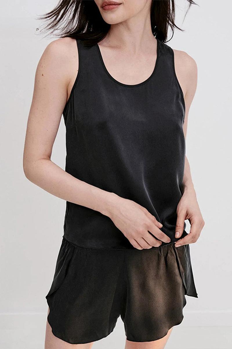 Black Mulberry silk tank top and shorts set for women, lightweight and breathable sleepwear.