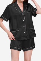 Black Mulberry Silk buttoned short pajama set with white piping and short sleeves