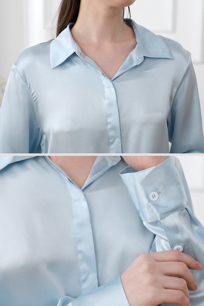 Light blue classic Mulberry silk sleepwear set with soft, breathable fabric and elegant collar design