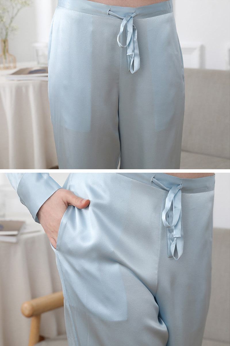 Light blue classic Mulberry silk sleepwear pants with drawstring waistband and smooth, breathable fabric.