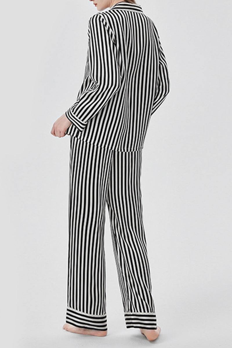 Back view of striped long sleeve mulberry silk pajama set for women