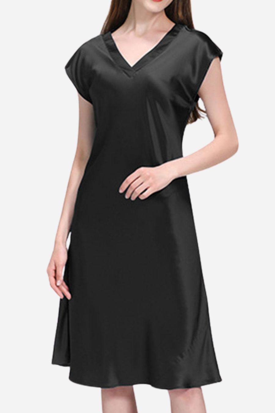 Black Mulberry Silk V-Neck Nightgown with short sleeves and flowing silhouette for luxurious comfort and cooling sleep